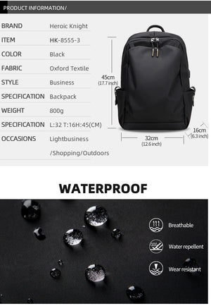 Black Oxford-textile waterproof commuter backpack with adjustable straps