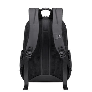Black backpack shown from the back on a white background