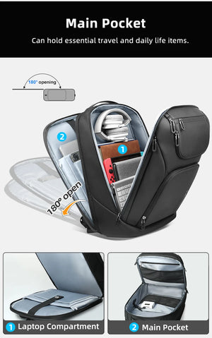 Black travel backpack open view with laptop compartment and main storage pockets