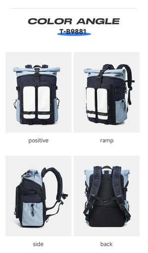 Black and blue travel backpack color-angle views, showing front and back panels.