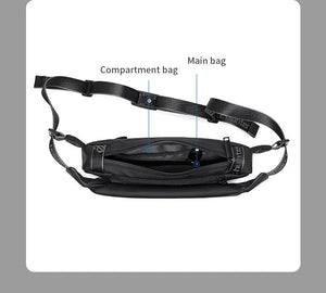Black crossbody bag showing main compartment and smaller front compartment