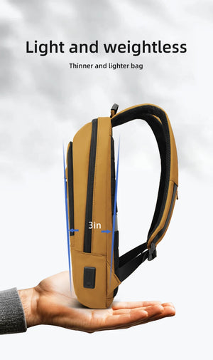 Yellow lightweight waterproof compact backpack with slim profile, front zipper pocket, and straps