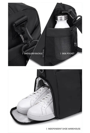Black duffle bag with side pocket, shoulder buckle, and separate shoe compartment