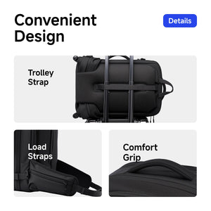 Black waterproof backpack with trolley strap, load straps, and comfort grip handle