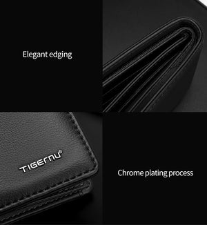 Men's RFID card holder wallet, black PU leather with TIGERNU logo and stitched edges.