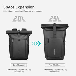 Expandable roll-top backpack in black, expands from 20L to 25L capacity