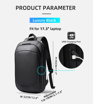 Black travel backpack with USB charging port and adjustable shoulder straps