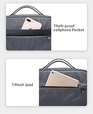 Gray waterproof toiletries bag with anti-theft cellphone pocket and zipper front panel