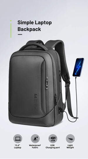 Waterproof laptop backpack, dark gray front with USB charging port and side strap