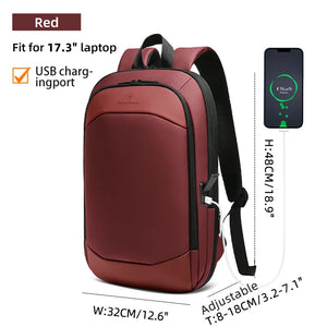 Red backpack with front panel, padded shoulder straps, and side USB charging port