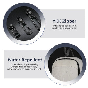 Water-resistant travel backpack with YKK zippers and close-up zipper pulls