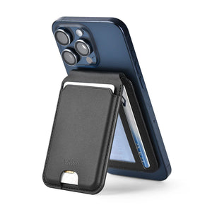 Black leather MagSafe card holder wallet with stand, mounted on dark phone