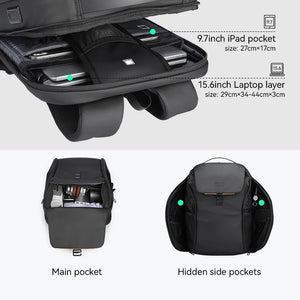 Black backpack interior with laptop sleeve layer and hidden side pockets