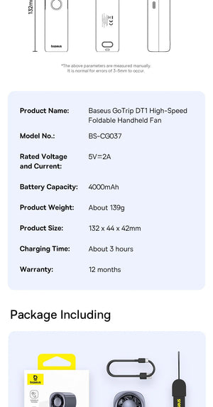 BASEUS GoTrip DT1 Foldable Rechargeable Handheld Portable Fan