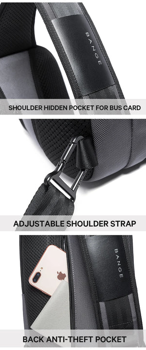Grey crossbody bag with hidden card pocket, adjustable strap, and back anti-theft pocket