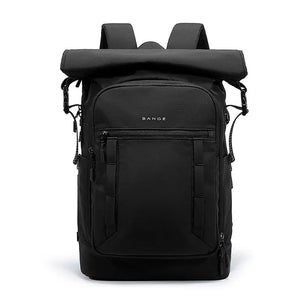Black expandable roll-top waterproof travel backpack with front zip pocket and straps