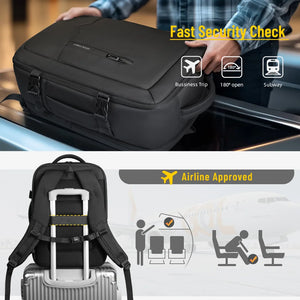 Black waterproof travel backpack with top handle and front zipper pockets.