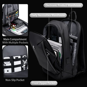 Black travel backpack with front zipper pocket, non-slip organizer pocket, and side storage