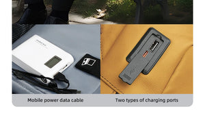 Yellow backpack close-up of built-in USB charging port with connected power cable
