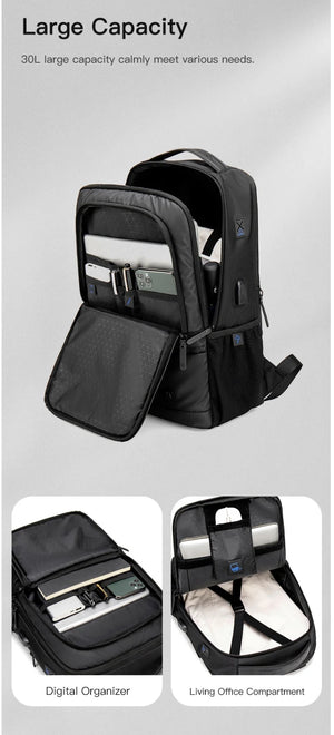 Black backpack with large opening and digital organizer compartment