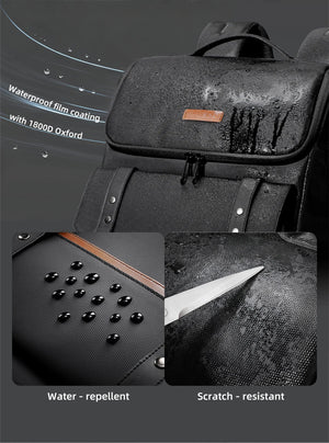 Black waterproof backpack with water-repellent coating and scratch-resistant textured panels