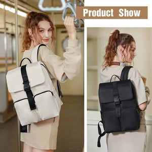 Beige and black compact commuter backpacks shown in wearable front and side views