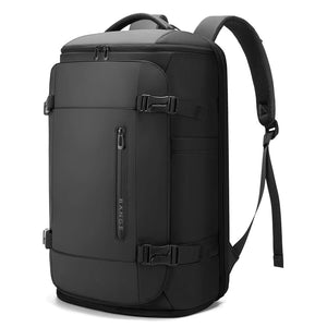 Waterproof business travel backpack with front vertical zip panel, buckled strap, and side handle