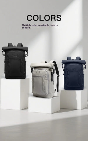 Expandable roll-top waterproof travel backpack, three color options displayed