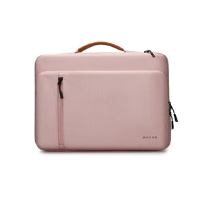 Pink laptop bag with top handle and side zippers, smooth textured finish