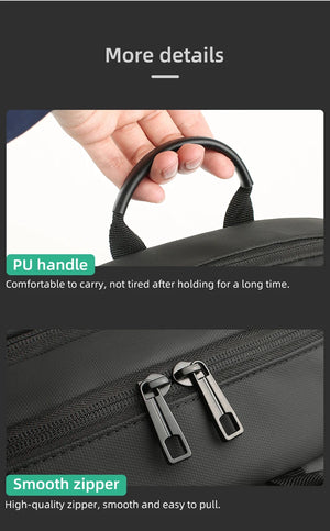 Black backpack close-up of PU handle and smooth zipper pull on front pocket