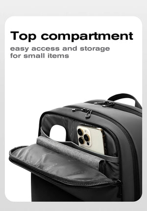 Black backpack top compartment with zipper and padded phone storage