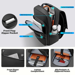 Black backpack interior with main compartment, laptop compartment, and multiple pockets