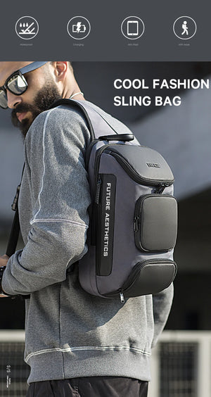Black crossbody sling bag worn by a person, featuring front pockets and USB charging cable