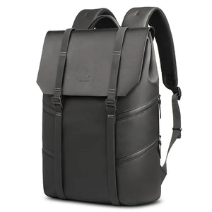 Waterproof travel backpack front view with flap pocket, front straps, and side handle