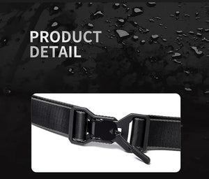 Black crossbody bag detail: adjustable webbing strap with metal buckle and hook clip.