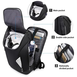 Black open travel backpack showing main compartment, double side pockets, and divided storage