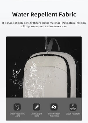 Waterproof travel backpack, light grey/white front with water droplets, rounded zipper pocket