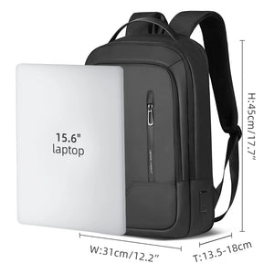 Black backpack with 15.6 in laptop compartment, front zipper pocket, and adjustable straps