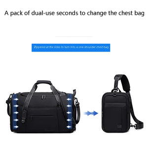 Waterproof duffel bag that converts into a one-shoulder chest bag with front pocket.