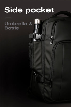 Black travel backpack side pocket with bottle/umbrella holder straps