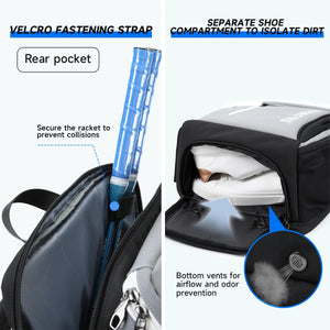 Black travel backpack with separate shoe compartment and bottom airflow vents