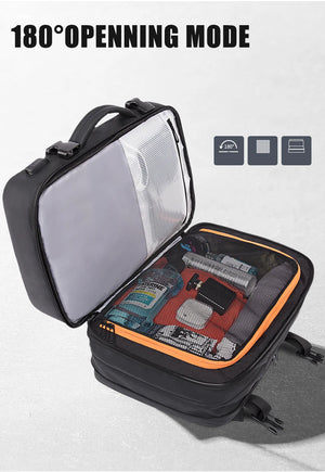 Black backpack open 180-degree mode with mesh organizer compartment and zipper pockets