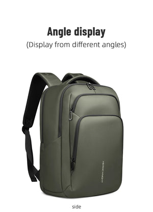 Green travel backpack shown from side with padded straps and compact profile