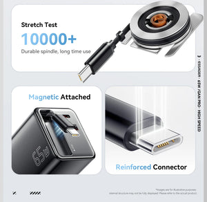 ESSAGER 65W GaN USB Charger with Retractable Cable and Power Delivery - Black