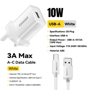 ESSAGER Mini 10W USB Charger Set with Fast Charge Adapter - White