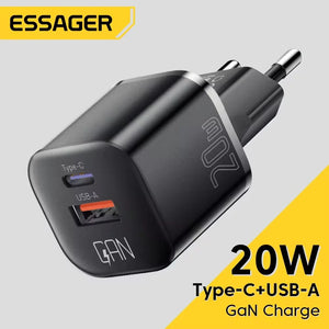ESSAGER 20W GaN USB Charger with PD Fast Charging and QC3.0 - White