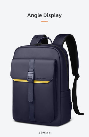Navy commuter backpack at 45-degree angle with front pocket and padded shoulder straps