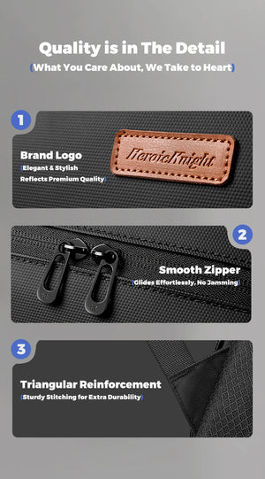 Black backpack details: logo patch, smooth zipper, reinforced triangular stitching