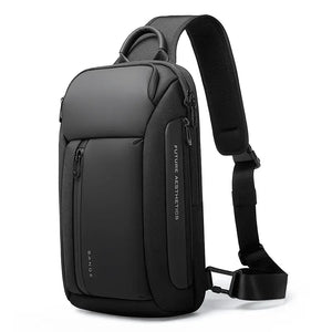 Dark gray compact waterproof crossbody bag with front zip pockets and adjustable crossbody strap