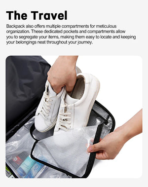 Black backpack shoe compartment with mesh zip panel, holding a pair of white sneakers